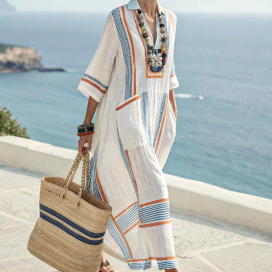 Women's long striped bohemian kaftan dress – white, blue, and orange, flowing summer style