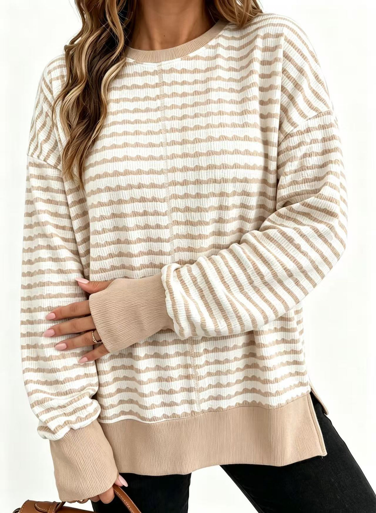 Striped women's sweater with side slits - Casual and soft