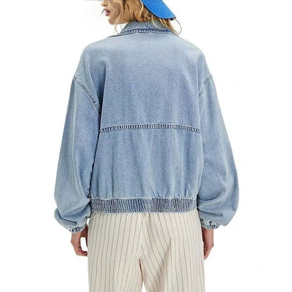 Unisex Retro Denim Jacket – Casual Vintage Style with Lapel Collar and Zip Closure