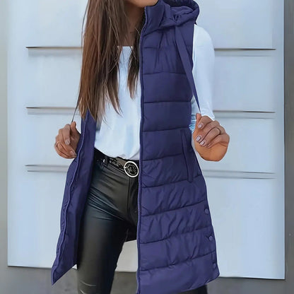 Doudoune longue sans manches femme – Gilet matelassé à capuche léger et chaud