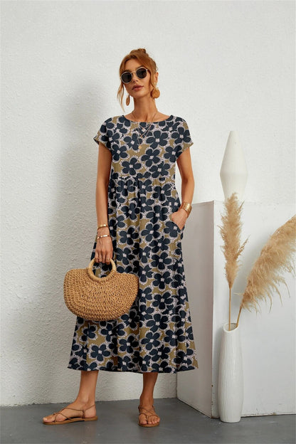 Robe Midi Élégante Fleurie en Coton et Lin Femme – Robe d'Été Décontractée à Manches Courtes et Col Rond Légère pour un Confort Quotidien