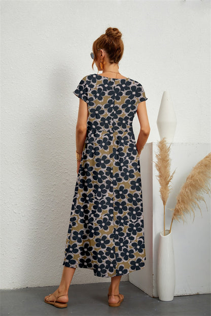 Robe Midi Élégante Fleurie en Coton et Lin Femme – Robe d'Été Décontractée à Manches Courtes et Col Rond Légère pour un Confort Quotidien