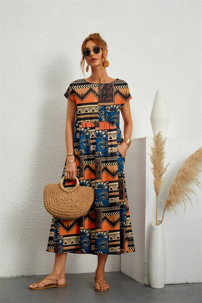 Robe Midi Élégante Fleurie en Coton et Lin Femme – Robe d'Été Décontractée à Manches Courtes et Col Rond Légère pour un Confort Quotidien