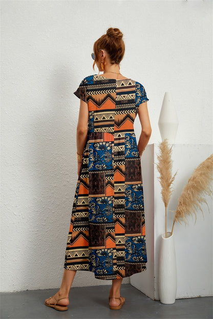 Robe Midi Élégante Fleurie en Coton et Lin Femme – Robe d'Été Décontractée à Manches Courtes et Col Rond Légère pour un Confort Quotidien