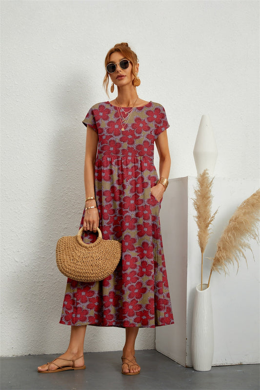 Robe Midi Élégante Fleurie en Coton et Lin Femme – Robe d'Été Décontractée à Manches Courtes et Col Rond Légère pour un Confort Quotidien