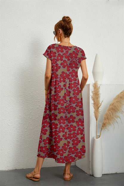 Robe Midi Élégante Fleurie en Coton et Lin Femme – Robe d'Été Décontractée à Manches Courtes et Col Rond Légère pour un Confort Quotidien