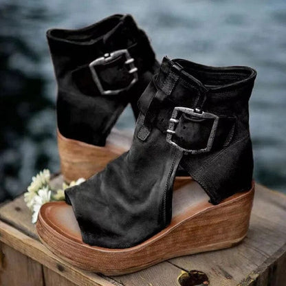 Bottes Femme à Plateforme en Daim à Bout Ouvert – Sandales à Talons Hauts Chunky Élégantes et Confortables