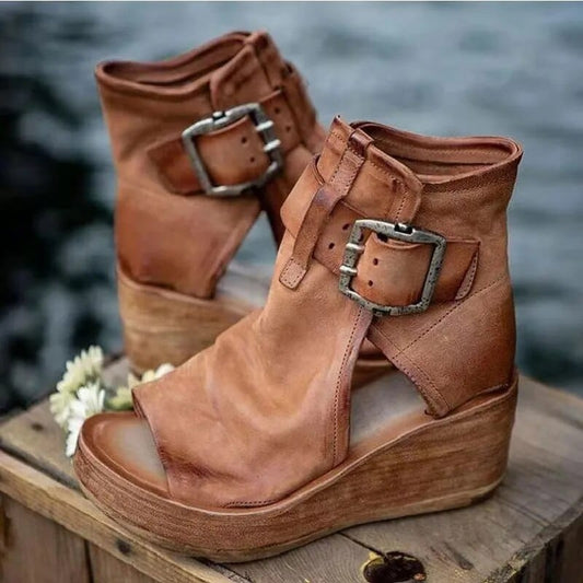 Bottes Femme à Plateforme en Daim à Bout Ouvert – Sandales à Talons Hauts Chunky Élégantes et Confortables