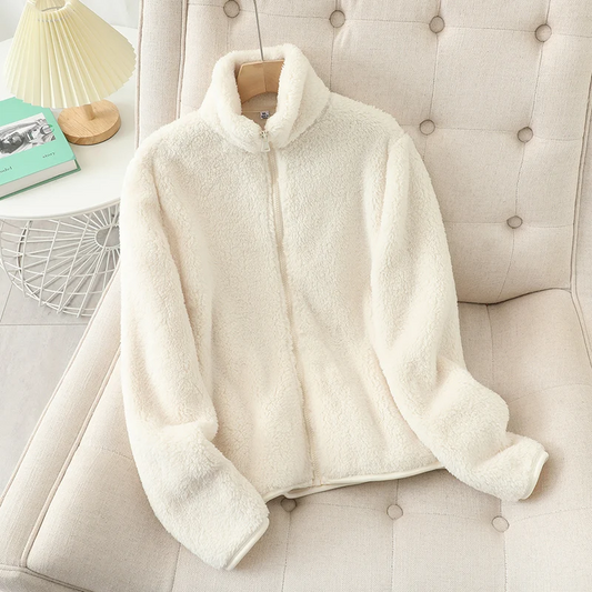 Manteau Teddy Court pour Femme – Veste Zippée Douce à Col Haut