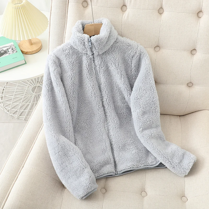 Manteau Teddy Court pour Femme – Veste Zippée Douce à Col Haut