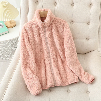 Manteau Teddy Court pour Femme – Veste Zippée Douce à Col Haut