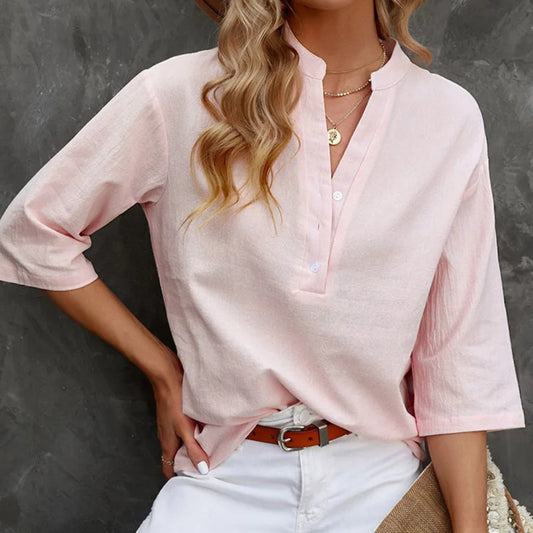 Blouse en lin élégante pour femme à manches mi-longues – Haut décontracté et stylé