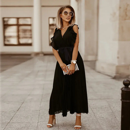 Elegant Sleeveless Maxi Dress with Ruffles for Women – Pleated Summer Dress with V-Neck