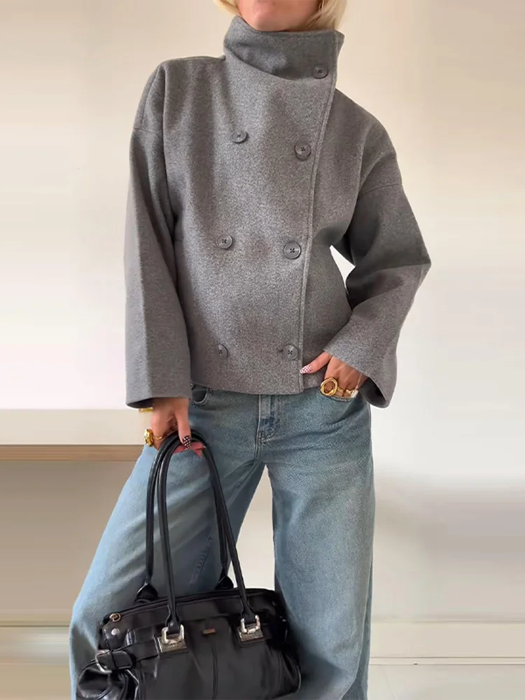 Manteau élégant femmes mélange de laine avec boutons – Vêtement d'hiver à col montant