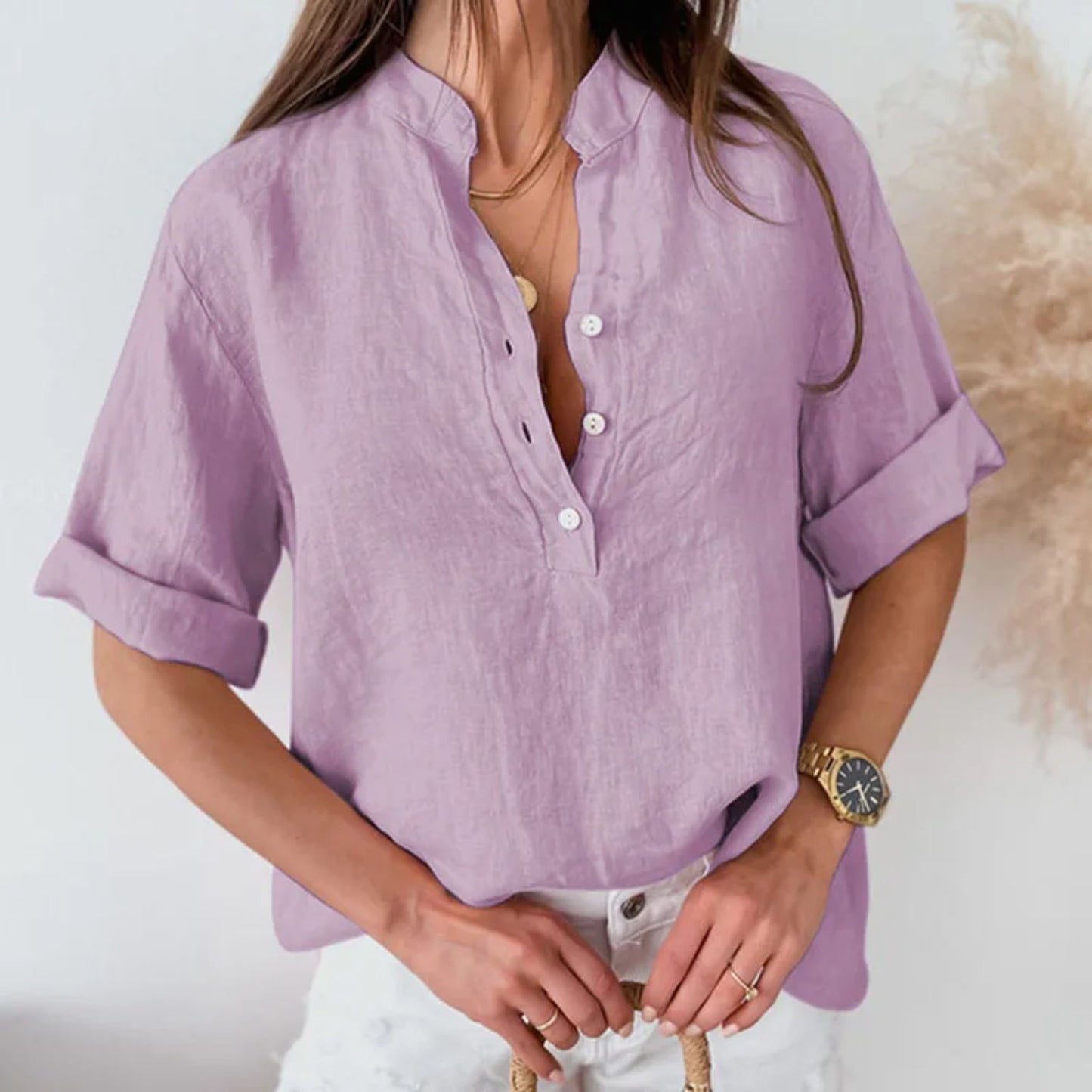 Blouse en lin élégante pour femme à manches mi-longues – Haut décontracté et stylé