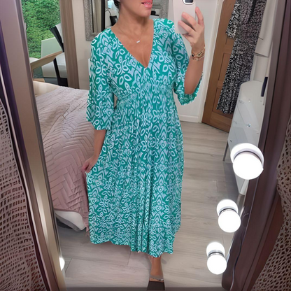 Robe bohème ample pour femme – Col en V, imprimé graphique, longueur cheville