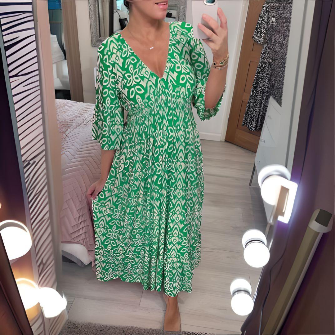 Robe bohème ample pour femme – Col en V, imprimé graphique, longueur cheville