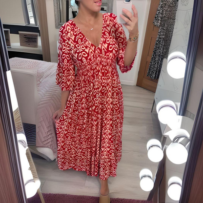 Robe bohème ample pour femme – Col en V, imprimé graphique, longueur cheville