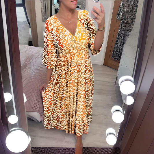 Loose Bohemian Dress for Women – V-Neck, Graphic Print, Ankle Length