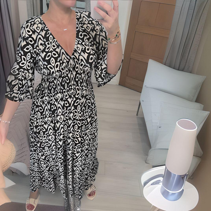 Robe bohème ample pour femme – Col en V, imprimé graphique, longueur cheville