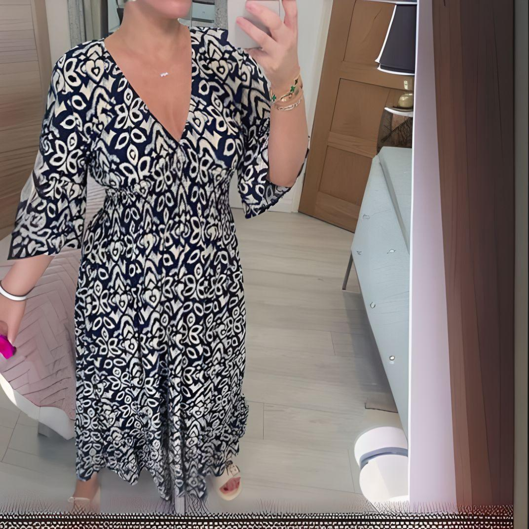 Robe bohème ample pour femme – Col en V, imprimé graphique, longueur cheville