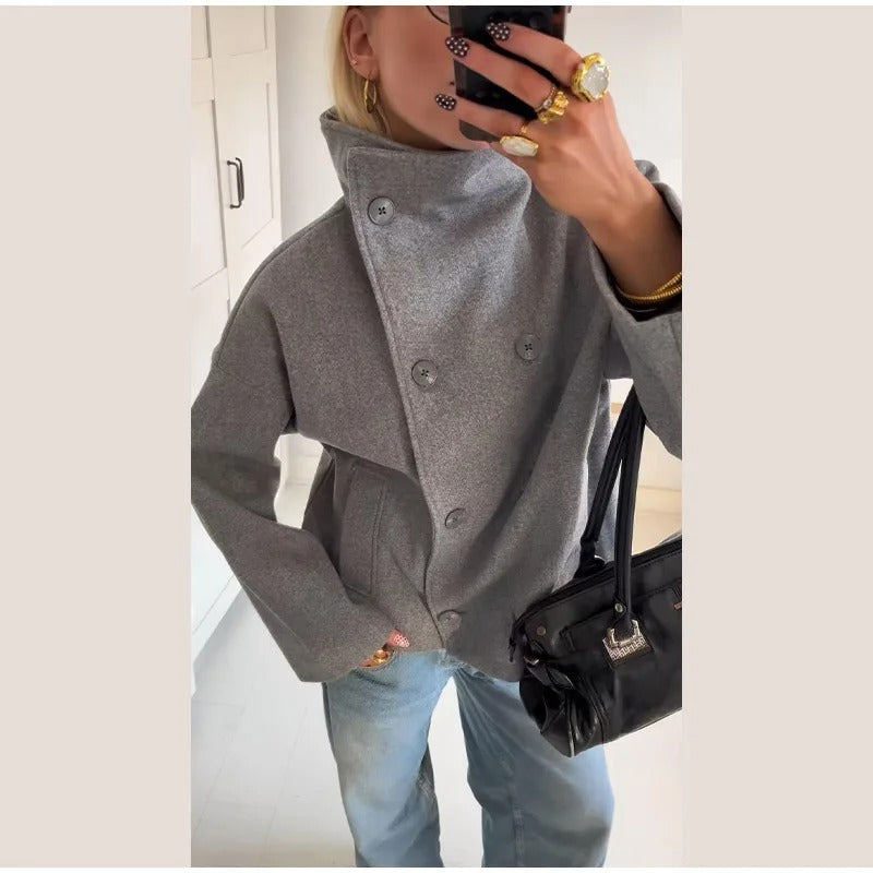 Manteau élégant femmes mélange de laine avec boutons – Vêtement d'hiver à col montant