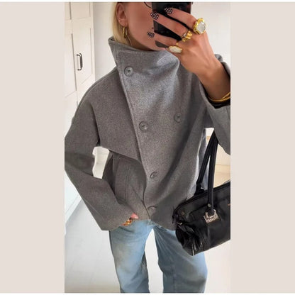 Manteau élégant femmes mélange de laine avec boutons – Vêtement d'hiver à col montant