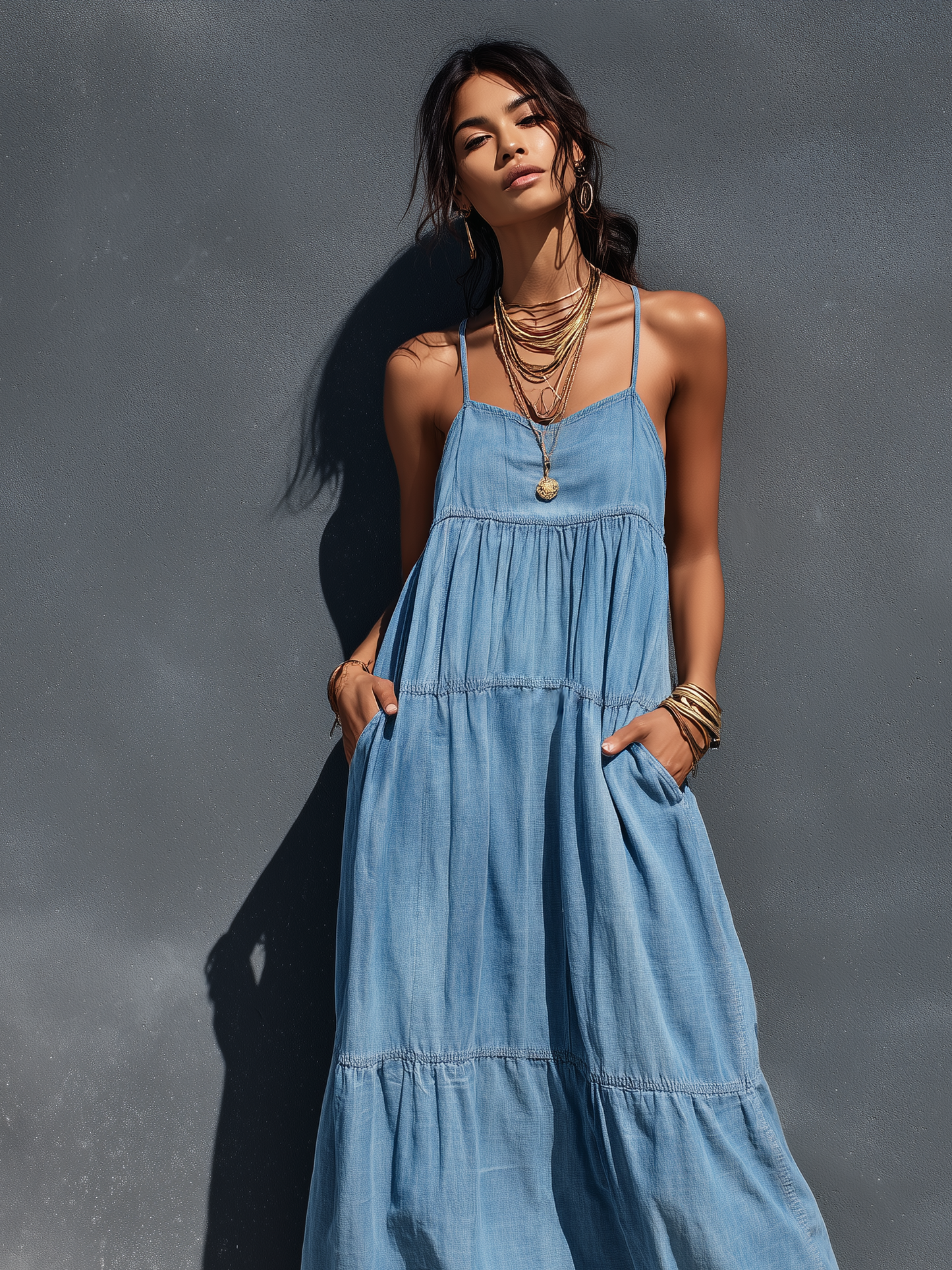 Women's Denim Maxi Overalls Dress - Casual and Trendy