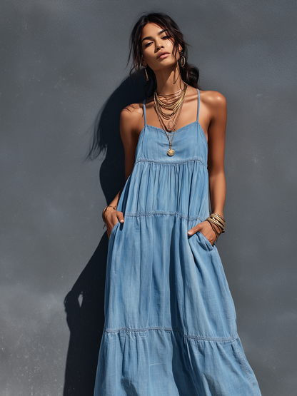 Women's Denim Maxi Overalls Dress - Casual and Trendy