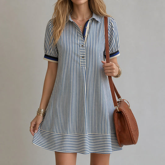 Robe chemise femme rayée à col montant et manches bouffantes