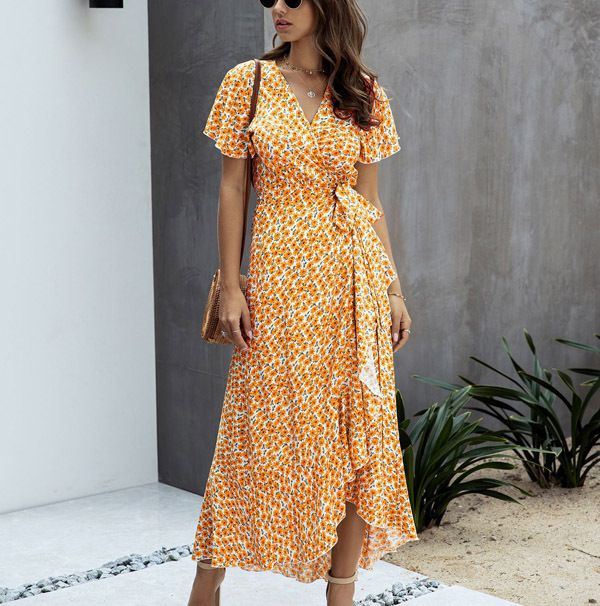 Robe Cache-Cœur Florale Élégante pour Femme – Style Estival à Volants