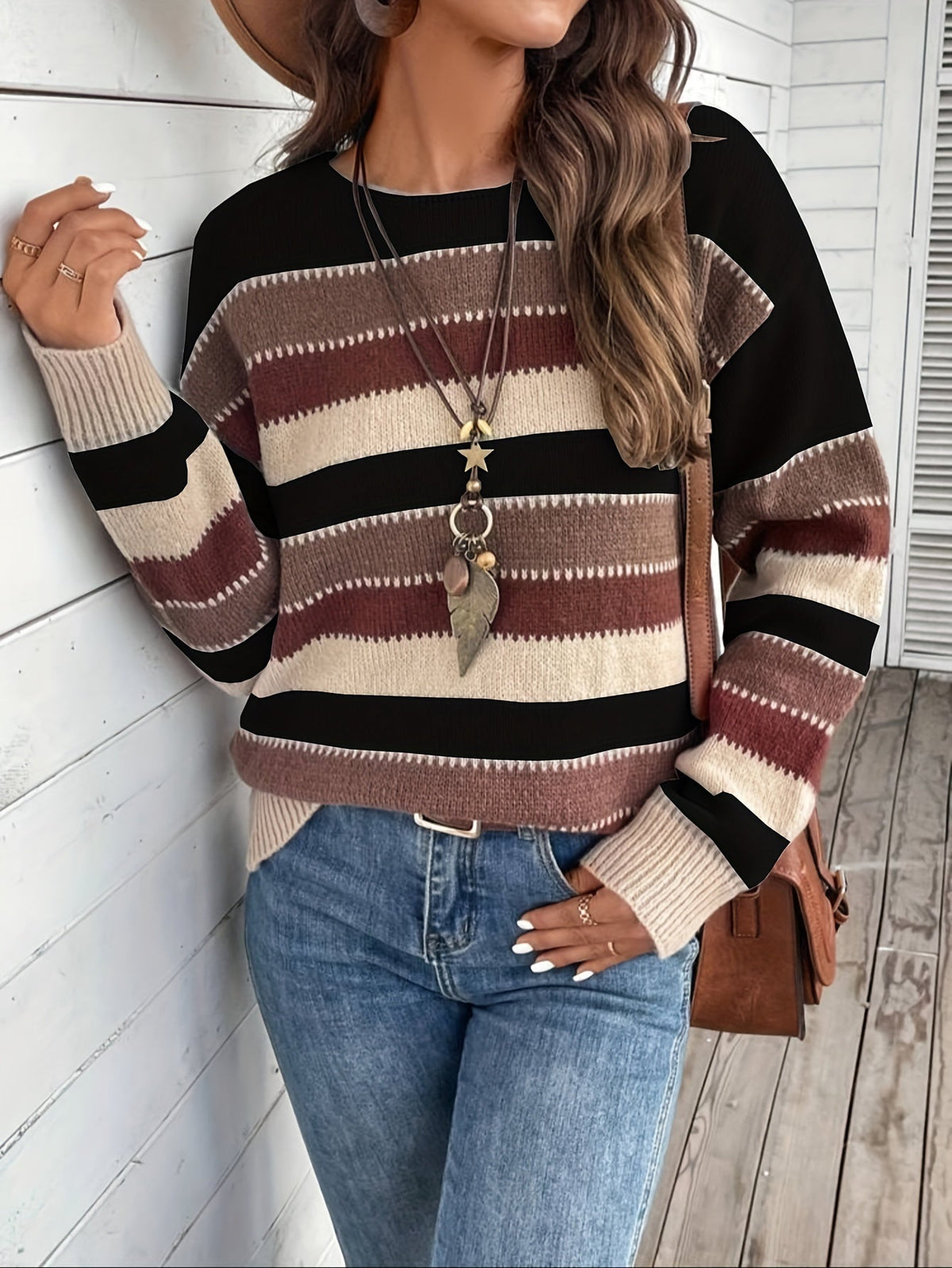 Maglione da donna a righe con girocollo - Morbido e confortevole
