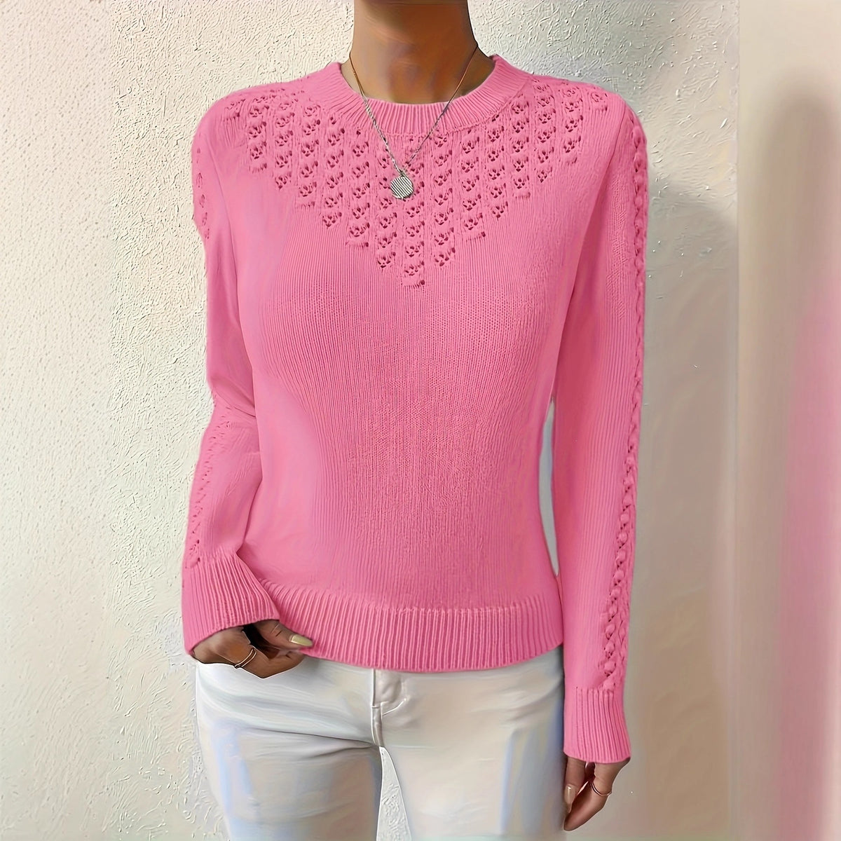 Women's openwork crew-neck sweater - Soft and elegant
