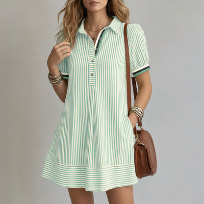 Vestido camisa de mujer a rayas con cuello alto y mangas abullonadas