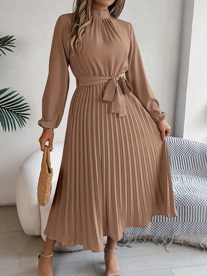 Robe Midi Femme Élégante Plissée Ceinturée – Manches Longues Style A-Line