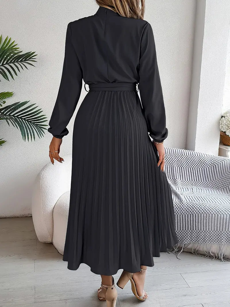 Robe Midi Femme Élégante Plissée Ceinturée – Manches Longues Style A-Line