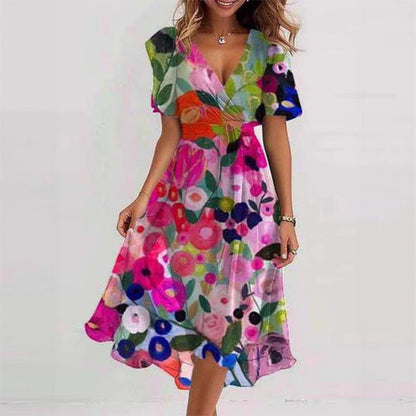 Robe Midi Femme Cache-Cœur à Fleurs – Style A-Line à Manches Courtes