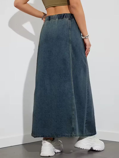 Women's maxi denim skirt with elastic waistband - Comfortable and practical