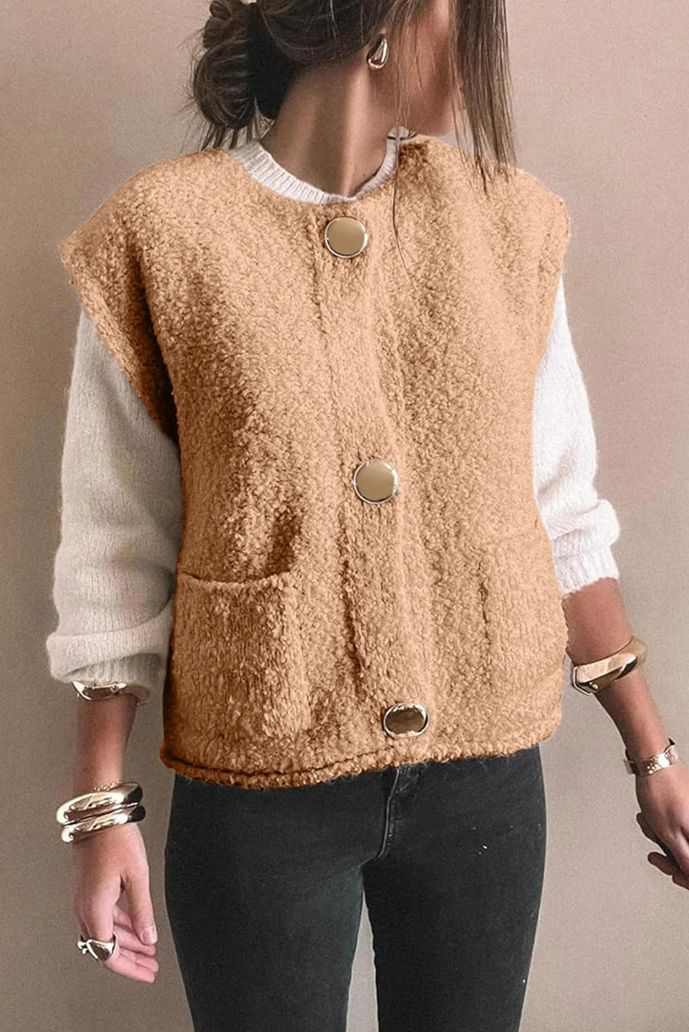 Gilet teddy beige premium pour femme – Gilet confortable à boutons