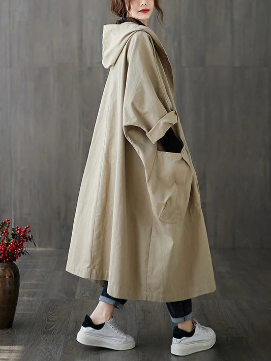 Manteau Imperméable Long Oversize pour Femme – Trench à Capuche avec Poches