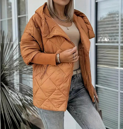Women’s Hooded Puffer Jacket with Zip Closure – Chic and Warm Patchwork Style for Winter