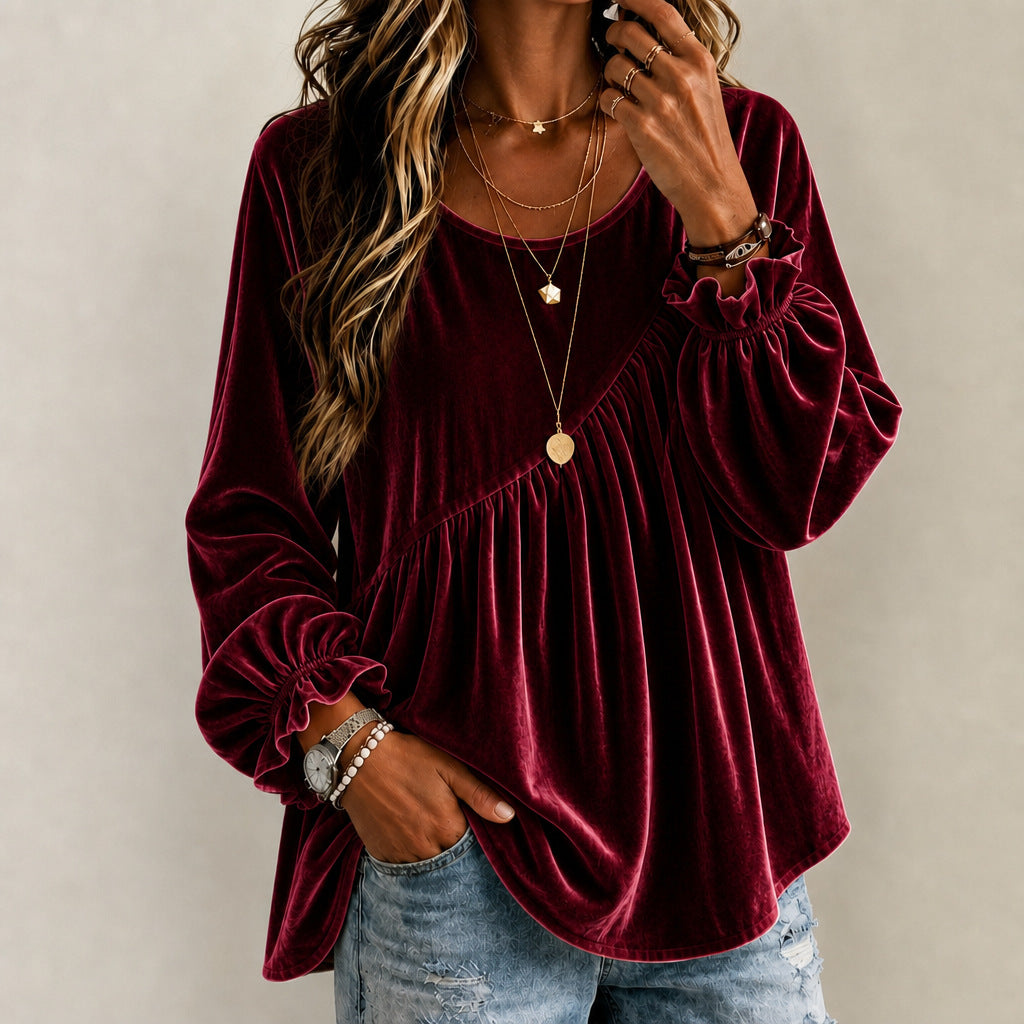 Top de mujer de terciopelo con cuello redondo y volantes – estilo elegante y corte holgado
