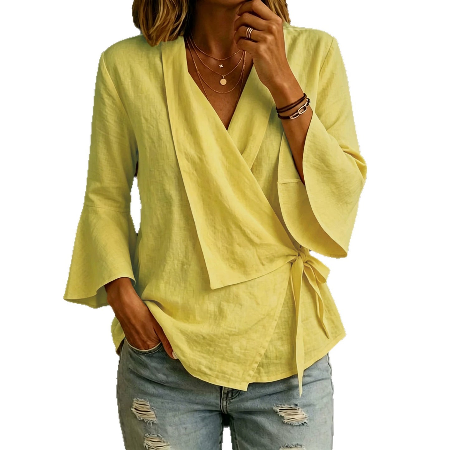 Asymmetric women's blouse with lapels and flared sleeves