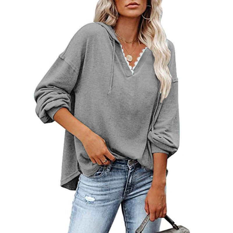 Sudadera de mujer con capucha, cuello en V de encaje y mangas largas