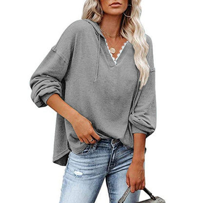 Sudadera de mujer con capucha, cuello en V de encaje y mangas largas