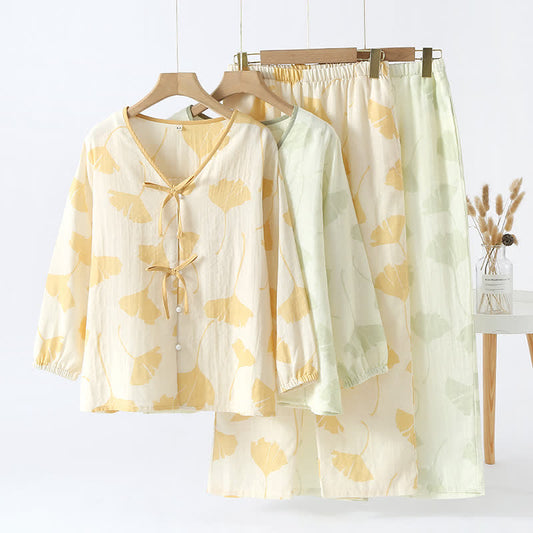 Pyjama Décontracté Élégant Femme à Feuilles de Ginkgo – Ensemble 2 Pièces Léger et Doux en Coton avec Noeud Décoratif et Coupe Ample