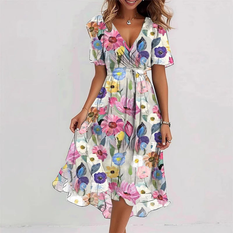 Robe Midi Femme Cache-Cœur à Fleurs – Style A-Line à Manches Courtes
