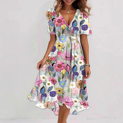 Robe Midi Femme Cache-Cœur à Fleurs – Style A-Line à Manches Courtes
