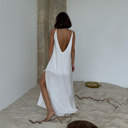 Robe Longue Élégante Minimaliste à Bretelles pour Femme – Été Décontracté Blanche