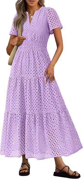 Robe Longue Fluide de Vacances à la Plage pour Femme – Style Col en V à Manches Courtes Eyelet
